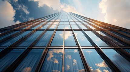 A tall building with a lot of windows and a cloudy sky in the background