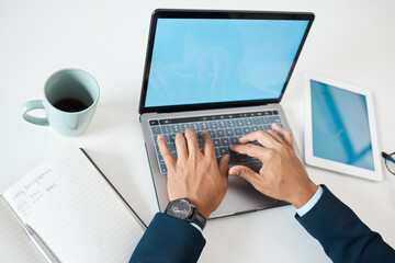 Canvas Print - Hands, salesman and typing laptop at desk for business, planning and stock market in office. Financial advisor, keyboard and trading for career, online and technology for networking in workplace