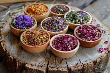 Poster - Variety of herbal and berry teas Tea party with healing herbs on wooden background