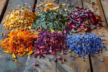 Poster - Various herbal and berry tea selection on wooden background Healing herbs for tea party