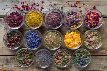 Poster - Various herbal and berry teas on wooden background for tea party concept Healing herbs like linden calendula cornflowers marigold tansy and