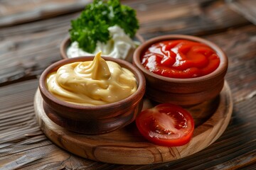 Poster - Various sauces and tomatoes on a wooden surface