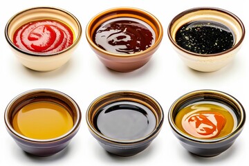 Poster - Various sauces in bowls ketchup oyster teriyaki soy mayo olive oil on isolated white background