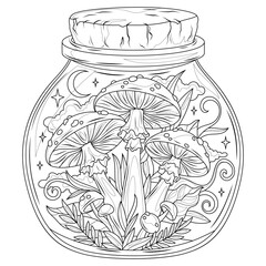 Wall Mural - Amanita mushrooms in a jar.Coloring book antistress for children and adults. 