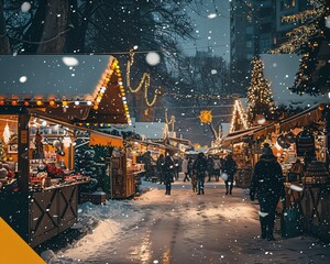 Wall Mural - a snowy christmas market with people walking through it