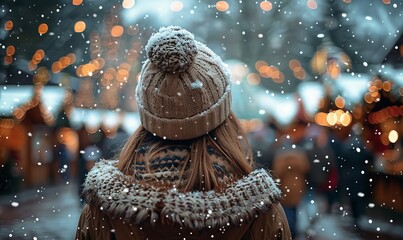 christmas market in the snow and a girl in a knitted hat, Generative AI