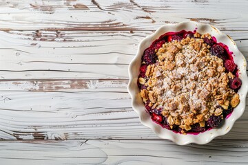 Wall Mural - White dish with berry crumble on wooden background