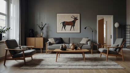 Wall Mural - Stylish scandinavian living room interior of modern apartment with wooden commode, design table, chairs, carpet, abstract paintings on the wall and personal accessories in unique home decor