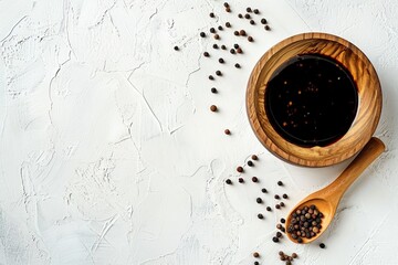 Wall Mural - Wooden bowl with balsamic vinegar and peppercorns on white table top view Room for text