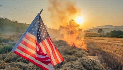 Wall Mural - a burning american flag in a rural field