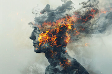 Wall Mural - concept burnout - male afro american person who hold his head or neck with hands because of exhaustion and pain