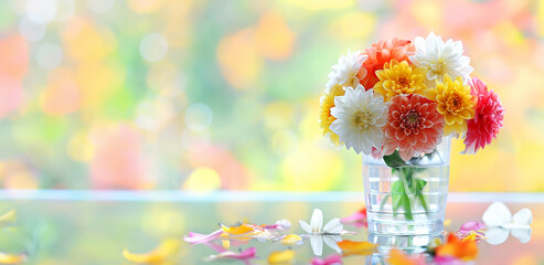 Wall Mural - Bouquet of Colorful Flowers in Glass Vase with Blurred Pastel Background. banner