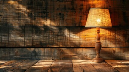 Poster - Lamp displayed alongside rustic wall and wooden floor for showcasing products