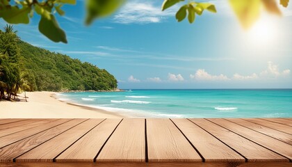 Wall Mural - empty wooden table or pier with sunny beach and sea