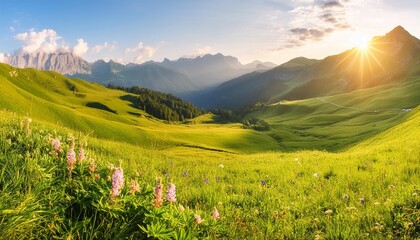 Canvas Print - idyllic mountain panoramic landscape fresh green meadows and blooming wildflowers sun ray beautiful nature countryside view rural sunny outdoor natural bright banner nature spring summer panorama