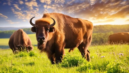 european bison in meadow in summertime