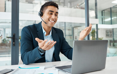Aufkleber - Talking, businessman and happy with laptop or headset for discussion, planning and customer service. Financial advisor, hands and telemarketing in office for career, sales and technology in workplace