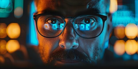 Wall Mural - IT Specialist Examining Cybersecurity Threats with Screens Reflecting Light on Face. Concept Cybersecurity, IT Specialist, Examining Threats, Screens, Reflecting Light