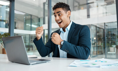 Poster - Celebration, businessman and excited with laptop for sales, planning and stock market in office. Financial advisor, hands and trading or success at desk for job, research and technology in workplace