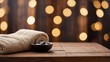 © SR Production - Wooden table spa bokeh background, empty wood desk product display mockup with relaxing wellness massage salon blurry abstract backdrop, body care cosmetic ads presentation. Mock up, copy space