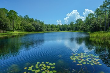 Wall Mural - A serene lake with crystal-clear water and thriving aquatic plants, showing successful water conservation. 