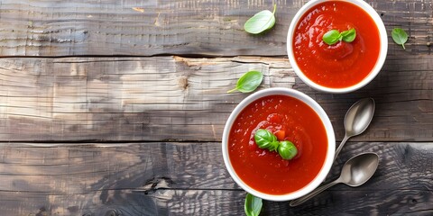 Two bowls of tomato soup with basil and spoons arranged on a wooden table. Concept Food Photography, Tomato Soup, Fresh Basil, Wooden Table, Utensils