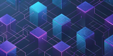 Wall Mural - A vector graphic design featuring an isometric grid of geometric shapes, rendered in shades of blue and purple against a dark background