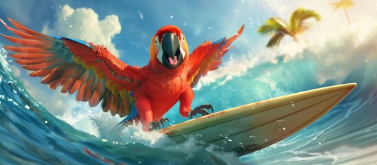 A colorful parrot surfing on a wave in a tropical ocean under a clear sky