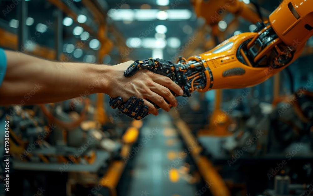A human hand shaking an AI robotic hand symbolizing human-robot ...