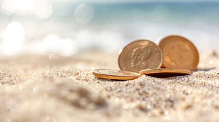 A pile of gold coins on a sandy beach with a bokeh effect and the ocean in the background, reflecting sunlight and creating a warm, luxurious feel.