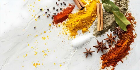 Wall Mural - Banner showcasing a variety of Asian spices cinnamon, chili, turmeric, bay leaves, salt, and star anise. Concept Spice Collection, Asian Flavors, Culinary Ingredients, Cooking Essentials