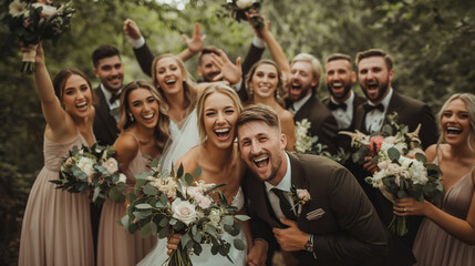 Bridal party posing for a group photo, highly professional photo picture with sharp details and dynamic composition, wedding, with copy space