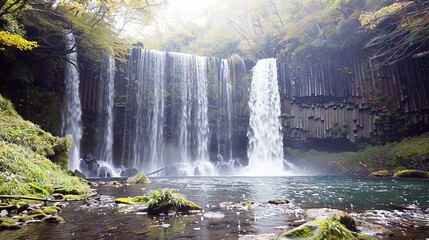 Canvas Print -   Middle of forest Waterfall Moss Rocks Running Side Water