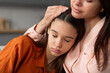 © Home-stock - Concerned mother hugging upset teen daughter, mom giving family support, comforting teen girl sharing problems, failure, bad troubles