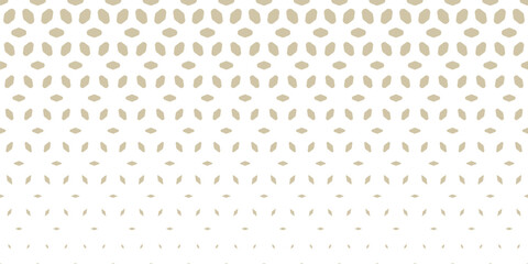 Wall Mural - Vector halftone texture. Horizontally seamless pattern. Gold and white border with gradient transition effect. Minimalist geometric background with floral shapes, leaves, diamonds. Abstract geo design