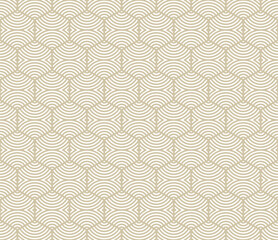 Wall Mural - Vector golden abstract geometric pattern with hexagon shapes, circles, curved lines, stripes, waves, grid. Simple geometrical gold and white texture. Stylish modern background. Repeated luxury design