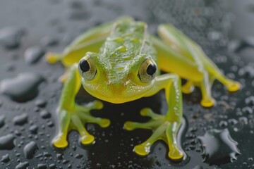 A green frog perched on a wet surface