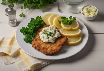 German schnitzel with lemon slices and parsley accompanied by potato salad isolated on transparent b