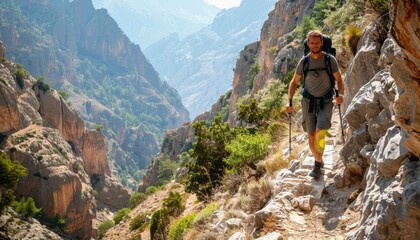 Wall Mural - A lone hiker embraces the spirit of adventure while exploring challenging mountain terrain in nature AIG62