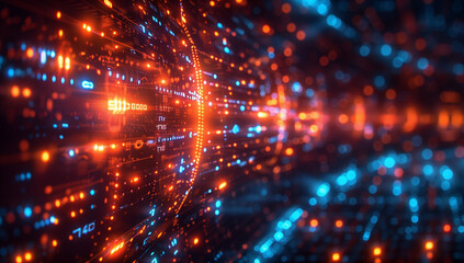 Abstract futuristic digital background with hologram icons and elements of website development, coding or technology concept