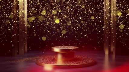 Wall Mural - Red display stand with falling bokeh particles.