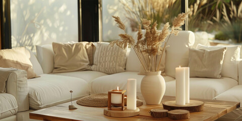 Wall Mural - A cozy living room with a white couch and coffee table, perfect for relaxation or social gatherings