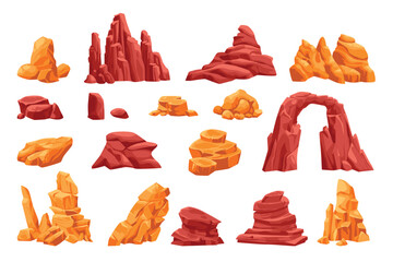 Wall Mural - Cartoon desert rocks. Isolated stones cliff rubble sandstone boulder rocky arc, western deserts canyon or mars game landscape formation sand terrain, ingenious illustration