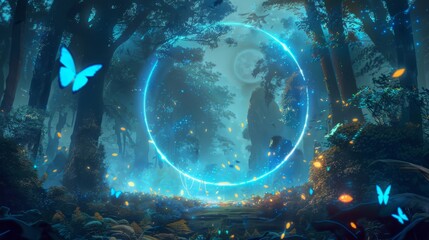 Wall Mural - This magical forest contains a magical mirror that appears as a portal to another world. This is a 3D illustration of a fairy forest at night.