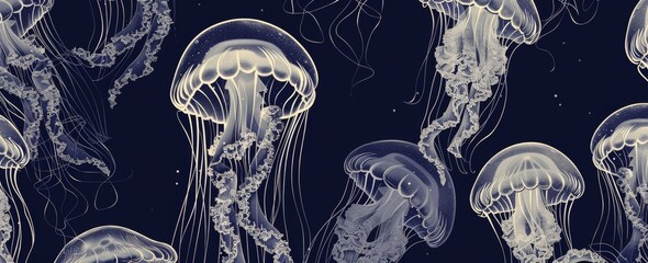 The dark blue color of the background is decorated with a hand drawn jellyfish in a line style. Suitable for decorations, wallpapers, interior design projects, or textiles.