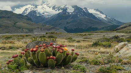 Sticker -   In the foreground is a cactus with a mountain range behind it Snow-capped mountains can be seen in the distance