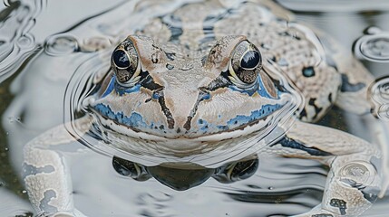 Wall Mural -   Close-up photo of a frog's face in a pond surrounded by raindrops