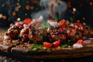 Wall Mural - Grilled beef steak with vegetables and spices. Flames and smoke on dark background. Baked meat. Delicious dish. Meat with spices and sauce.