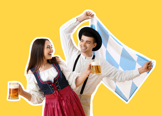 Wall Mural - Young couple in traditional German clothes with beer and Bavarian flag on yellow background