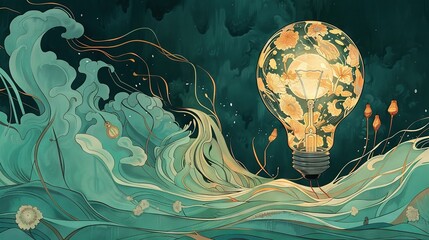 Canvas Print -   A light bulb floating on water with plants emerging from its top